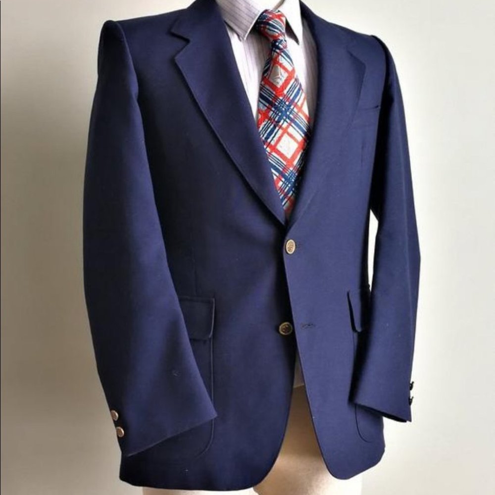 HENLEY by Tiptop Men Navy Blue Dress Suit Blazer Gold Bottoms Jacket Size 43R
